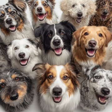 Group portrait of happy dogs with open mouths Keywords: dogs, group, portrait, happy, smiling