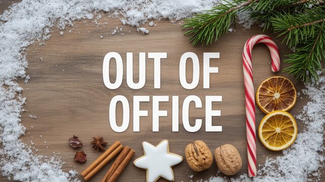 Holiday cheer Out Of Office message with festive winter spices, candy cane, and frosted details for seasonal business marketing and employee announcements