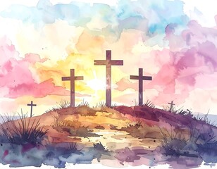 Watercolor painting of three crosses on a hill with a colorful sunset