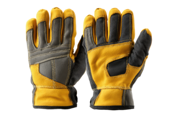 Two yellow/gray work gloves, fingers up, flat view