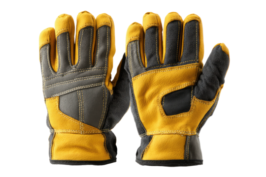 Two yellow/gray work gloves, fingers up, flat view - Powered by Adobe