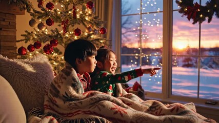 Children enjoy Christmas Eve, watching the sunset and twinkling lights from indoors, wrapped in a blanket