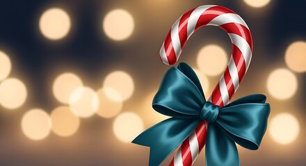 Festive Candy Cane with Blue Ribbon and Bokeh Background.