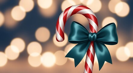 Festive Candy Cane with Bow and Bokeh Lights.