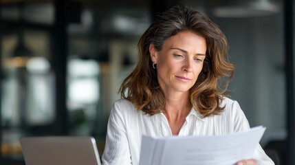Office woman reviewing documents modern workspace professional setting focused atmosphere