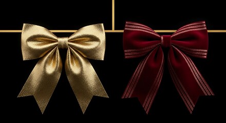 Elegant Gold and Burgundy Ribbon Bows on Black Background.
