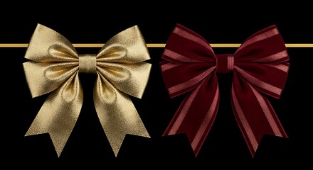Two Elegant Satin Bows, One Gold and One Burgundy, on a Black Background with a Golden Stripe.