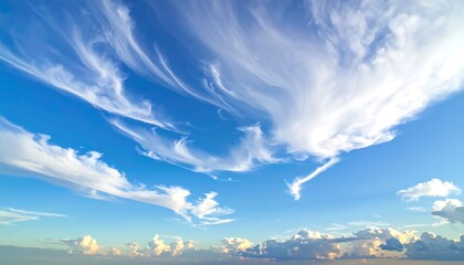 Wispy, white cirrus clouds against a bright, expansive blue sky