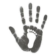 Black handprint with white baby footprint inside on white background