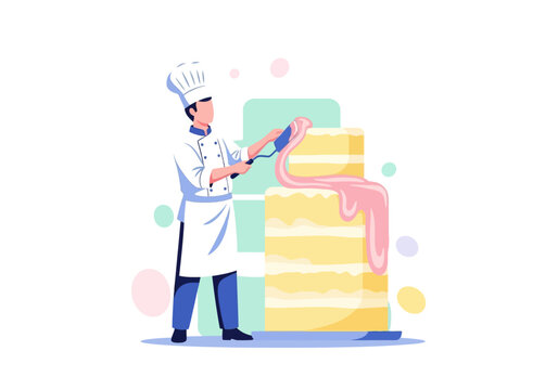 Professional pastry chef in uniform decorating a large multi-tiered wedding cake with pink frosting using a spatula. Culinary art and sweet creation concept