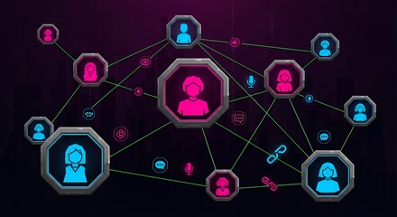 Futuristic Social Network Connection Concept with Glowing Avatars.
