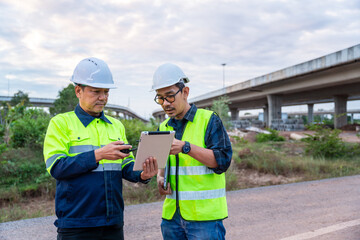 Two construction engineers review digital plans on a tablet at a dusty road construction site near a large highway overpass.