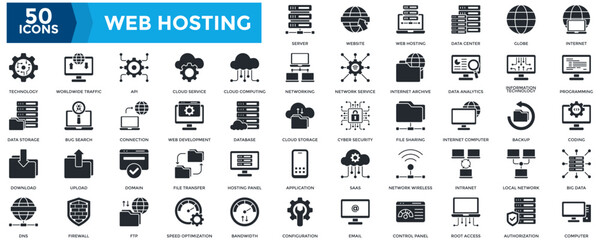 Web Hosting Icon Collection Set. Containing Server, Website, Data Center, Internet, Programming, Coding, Big Data, Computer, Technology, Worldwide Traffic Icon. Simple Glyph Vector 