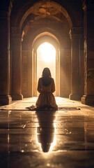 Woman in prayer kneeling facing doorway illuminated by bright light