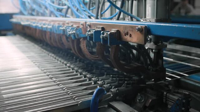Welding metal rods on a machine into a fence and mesh. Metal fencing production.