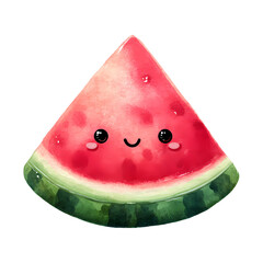 Whimsical watercolor watermelon slice with kawaii face evokes a playful and joyful mood.