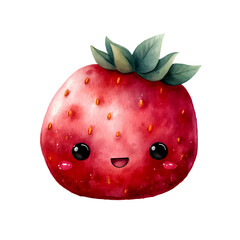 Whimsical cartoon strawberry delights with its charming kawaii face and watercolor texture.