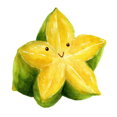 A charming watercolor painting of a cute starfruit character with a friendly smiling face.