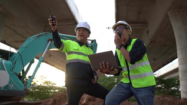 Construction workers using technology on site, communicating with radios under a bridge, showcasing teamwork and modern construction practices