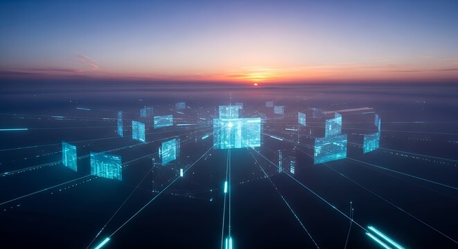 Futuristic Cityscape at Sunset - A Vision of Technological Advancement.