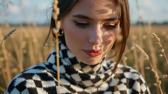 Close-up portrait of a young woman in a patterned sweater surrounded by tall golden grass during golden hour