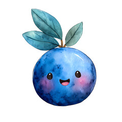 Charming watercolor blueberry character with happy expression and pastel hues rendered on black