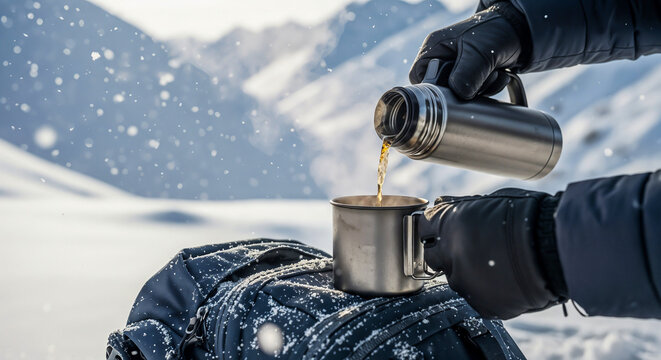 Thermos pouring drink on snowy mountain background symbolizing winter exploration and warmth - Powered by Adobe