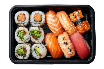 Sushi assortment in a black takeout tray