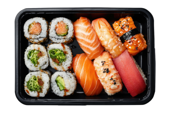 Sushi assortment in a black takeout tray