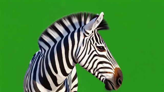 Zebra portrait with black and white stripes against a vibrant green background in a studio shot zebra green screen video