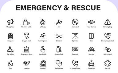 Emergency and rescue line icons. fire readiness, hoses, ladders, alarms, hazard warning signs, rescue tools, and emergency