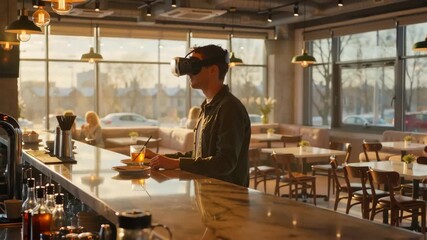 A young man wearing a virtual reality headset stands at a bar counter with a drink in hand, in a cozy modern café during golden hour - Powered by Adobe
