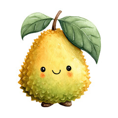 A cute kawaii Jackfruit character with a smiling face is displayed in watercolor style.