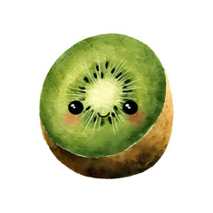 A cute, kawaii-style kiwi fruit with a cheerful face rendered in watercolor technique isolated.