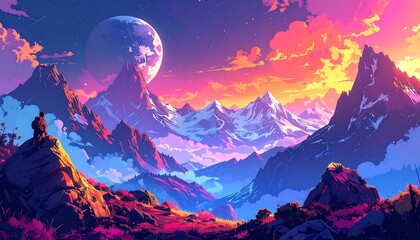 Vibrant Alien Landscape with Mountains, Sky, and Distant Planet.