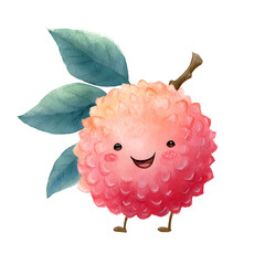 Adorable cartoon lychee fruit character expresses joy through watercolor art style presentation.