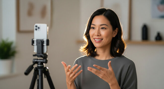 Happy Young Asian Woman Recording Video Content at Home with Smartphone on Tripod