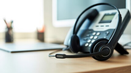 Telecommunication Setup: An elegant headset rests atop a sleek office desk telephone, perfectly poised for efficient communication and customer service interactions. 