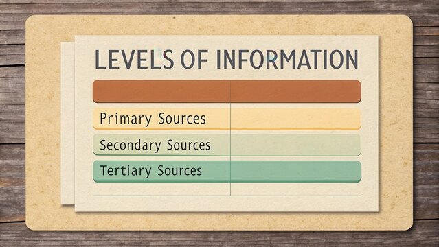 Detailed Chart Illustrating Levels of Information with Primary, Secondary, and Tertiary Sources on a Wooden Background