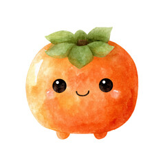 A cute and charming cartoon persimmon with a kawaii style painted in watercolor textures.