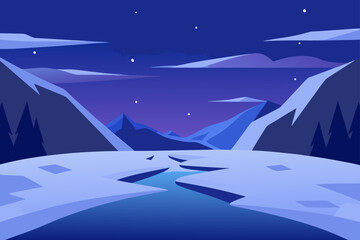 Obraz premium Stylized winter night landscape with icy river and mountains.