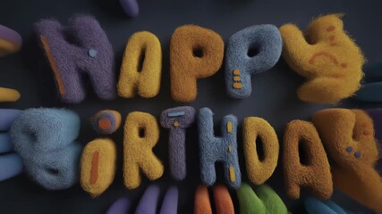 Colorful Felt Letters Spelling Happy Birthday on Dark Background with Soft Focus
