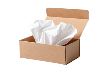 Cardboard box filled with crinkled white tissue paper