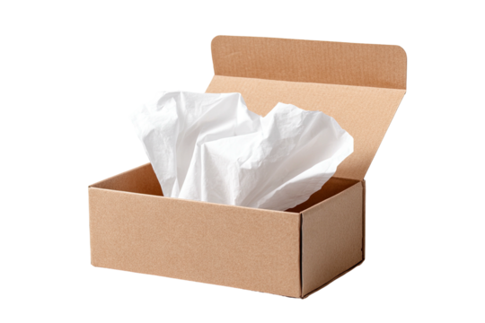 Cardboard box filled with crinkled white tissue paper
