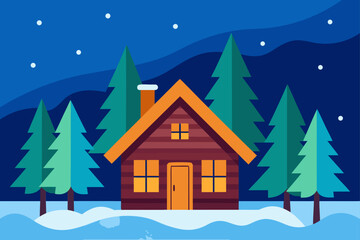 Winter cabin in a snowy forest at night, peaceful nature illustration.