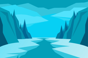 Geometric blue winter scene with frozen river and mountain range