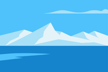 Minimalist ice mountains in blue water under sky illustration