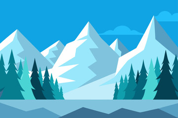 Stylized winter mountain range with snow peaks and pine forest