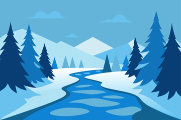 Stylized winter landscape with winding river, mountains, and pine trees