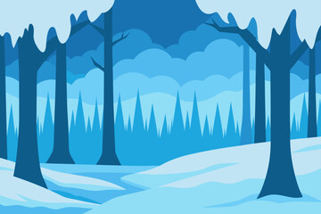 Winter forest landscape illustration with snowy trees and cold blue tones.